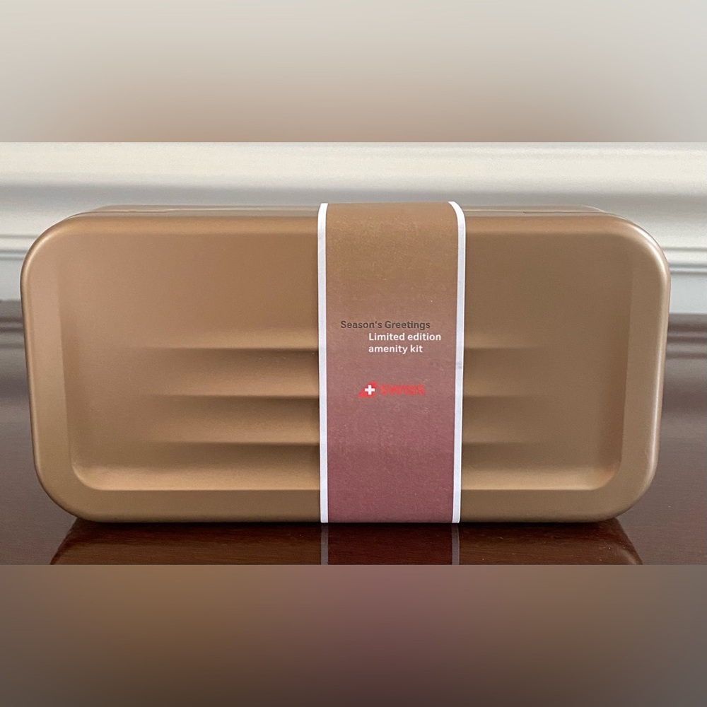 New and Sealed Swiss Air First Class Gold Limited Edition Metal Amenity Kit